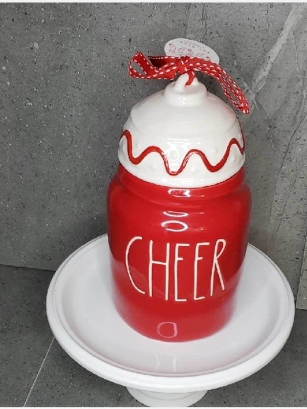 Rae Dunn Red and White 'CHEER' Ceramic Ornament Jar